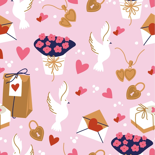 Vector illustration set of cute objects and icons for valentine s day seamless pattern