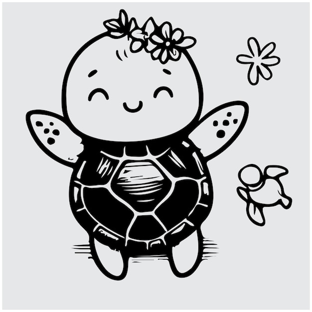 Vector vector illustration set of cute turtle with baby in doodle hand drawing style