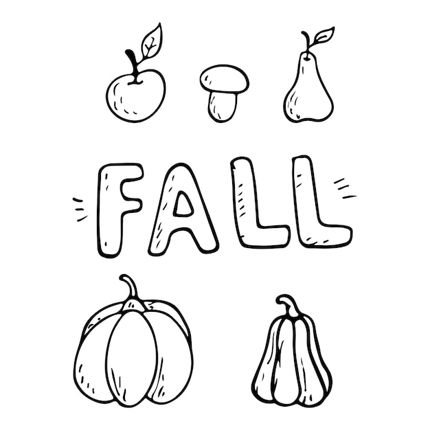 Vector illustration of a set of doodle objects on an autumn theme Fall inscription Pumpkins mushrooms and fruits Background decoration