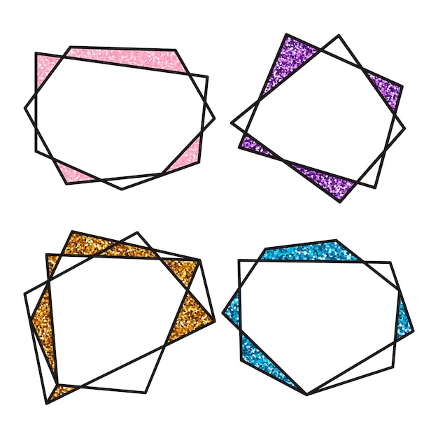 Vector illustration Set geometric polygonal black linear frame Cristal shapes with glitter For design greeting cards