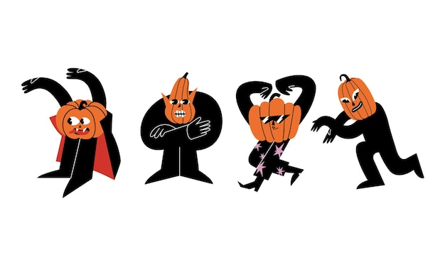 Vector illustration set of halloween pumpkin monsters Cute cartoon spooky characters