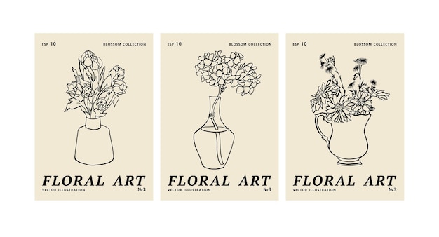 Vector illustration set of ink floral posters with different flowers and vase Art for for prints wall art banner background