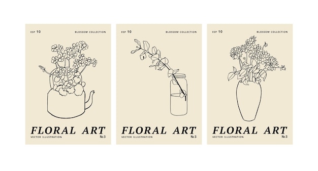 Vector illustration set of ink floral posters with different flowers and vase Art for for prints wall art banner background