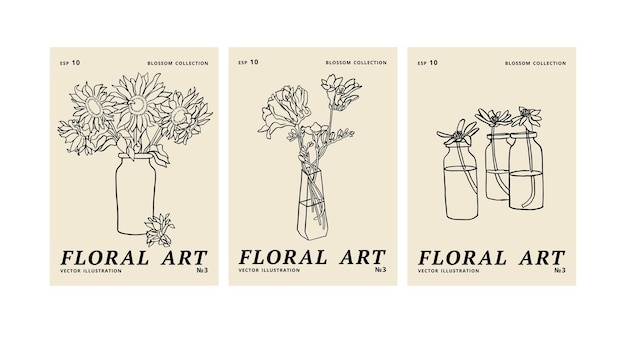 Vector illustration set of ink floral posters with different flowers and vase Art for for prints wall art banner background