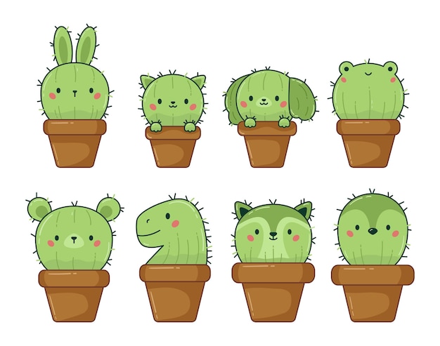 Vector illustration of set kawaii cactus in flowerpots