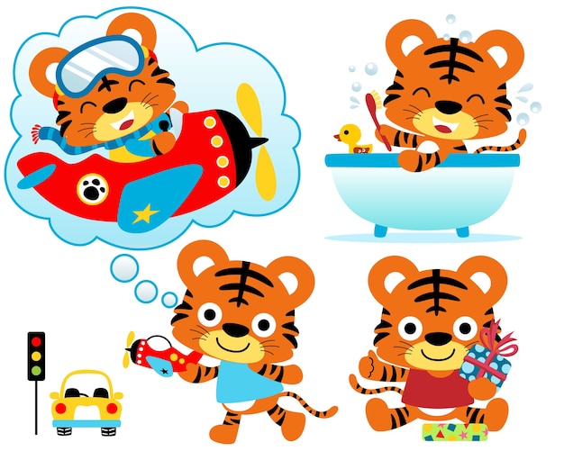 Vector illustration set of little tiger cartoon