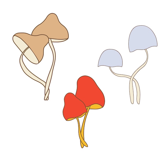 Vector illustration set of mushrooms in groovy style Cute lovely multicolor toadstool pairs Isolated retro elements with 70s vibes is perfect for stickers prints posters flyers gift decoration