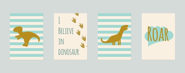 Vector illustration set of nursery cards with dinosaurs For kids prints postcards wall art