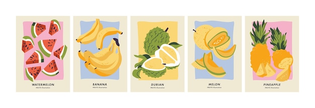 Vector illustration set of posters with different fruits Art for postcards wall art banner background