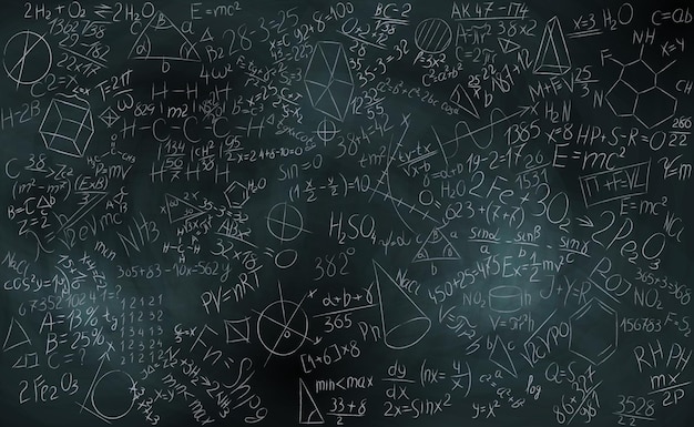 Vector illustration of a set of technical formulas handwritten on a blackboard