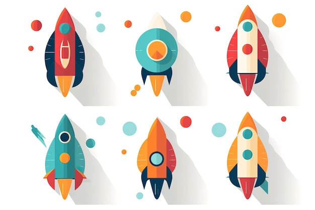 Vector illustration Set of ten flat icons with different rocket ships Project start up and develop