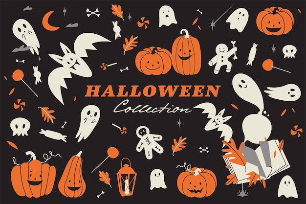 Vector illustration set of traditional Halloween decorations Fall celebration leaflet Cute Halloween characters