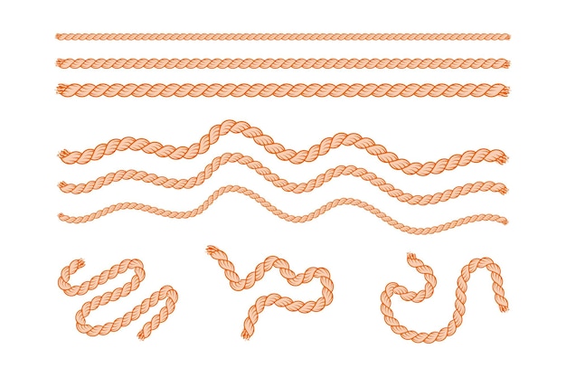 Vector Illustration Set of Twisted Orange Rope with Various Wave and Coil Patterns in Nautical Style