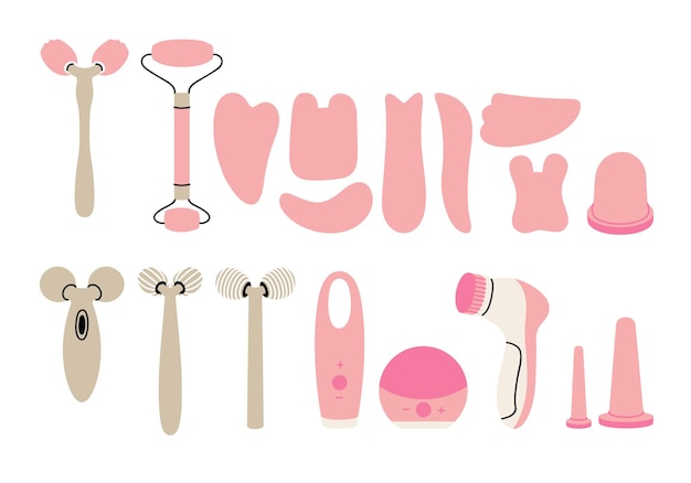 Vector illustration set of various cosmetic beauty devices for face skin care.