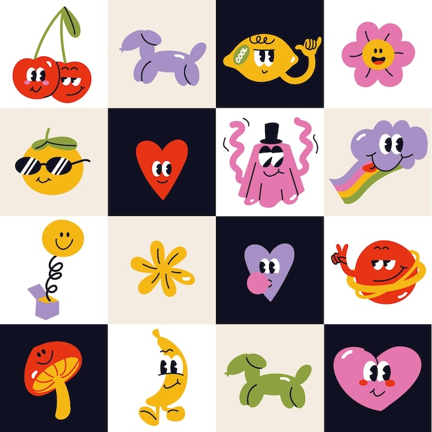 Vector illustration set with abstact funny characters. Comic stickers, pins or patches. Seamless pattern.