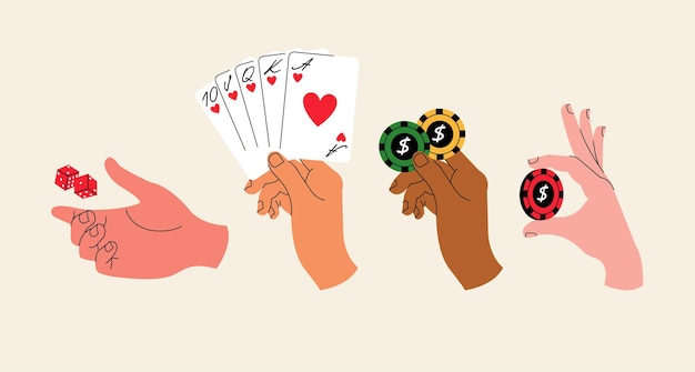 Vector illustration set with hands holdings different gambling objects playing cards poker chips and dice Doodle concept for casino