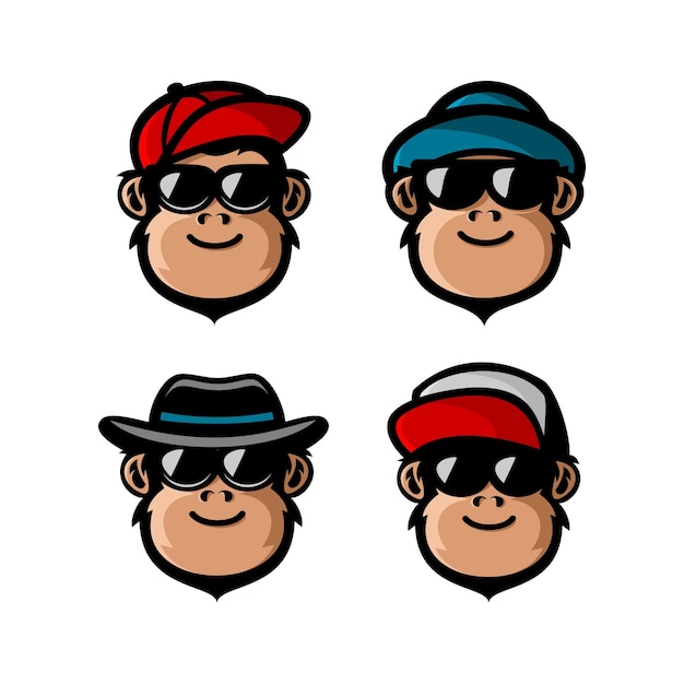 vector illustration of several monkey faces wearing hats and glasses