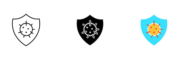 A vector illustration of a shield with a virus icon representing the concept of cybersecurity and protection against computer viruses Vector set of icons in line black and colorful styles isolated