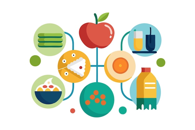 Vector vector illustration showcasing various healthy food options featuring fruits vegetables and beverages