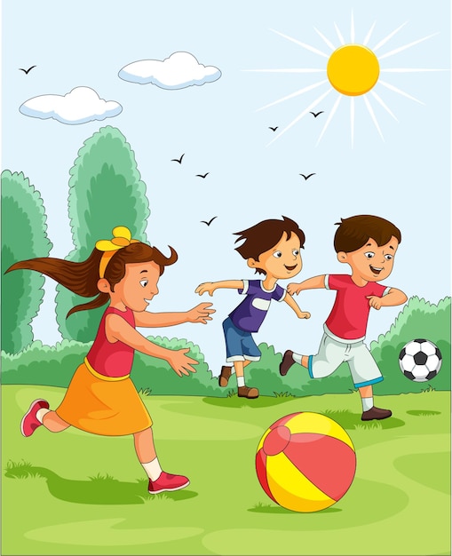 Vector illustration showing children playing football with sun shining brightly and birds flying