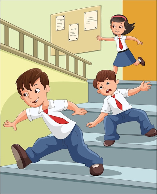 Vector illustration showing students running and falling on the stairs