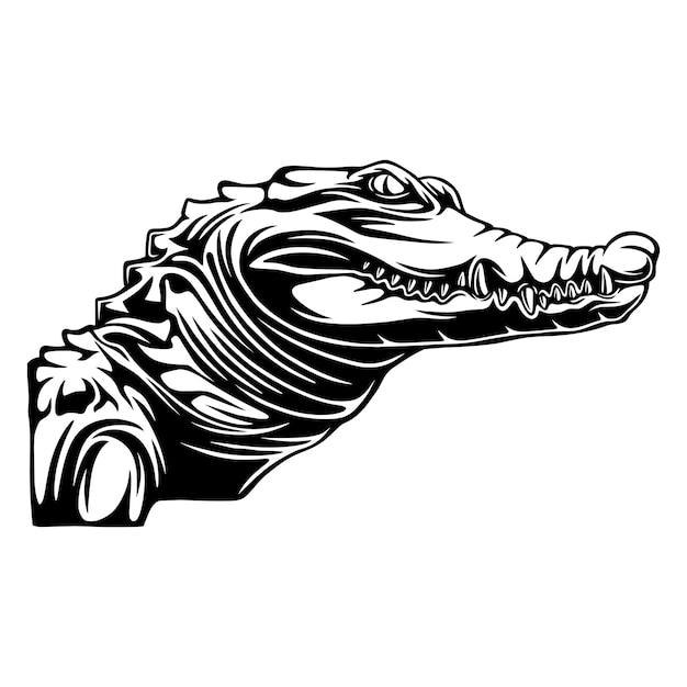 Vector illustration Side view of crocodile with sharp teeth and eyes stalking its prey black and white design