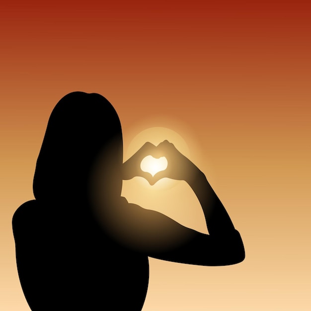 Vector illustration of a silhouette of a girl holding her heart-shaped hands against a sunset.