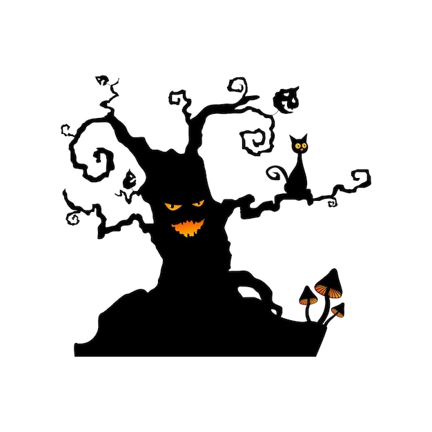 Vector illustration of a silhouette of a scary tree with glowing eyes Scary Halloween character to decorate banners and invitations