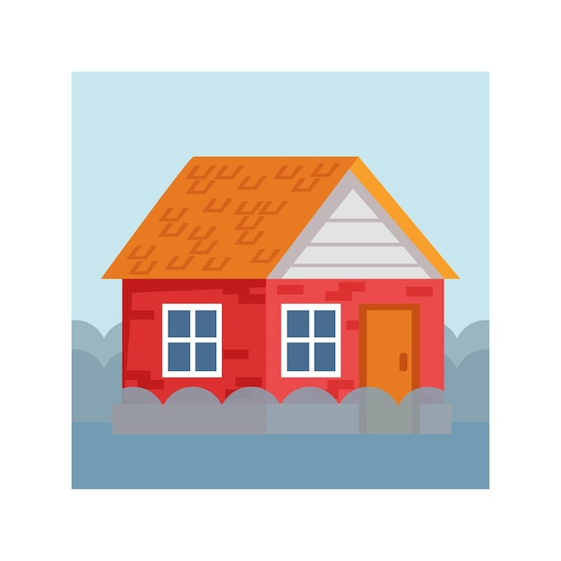 Vector Illustration of sinking house in the river lake in cartoon style Nature disaster House flood