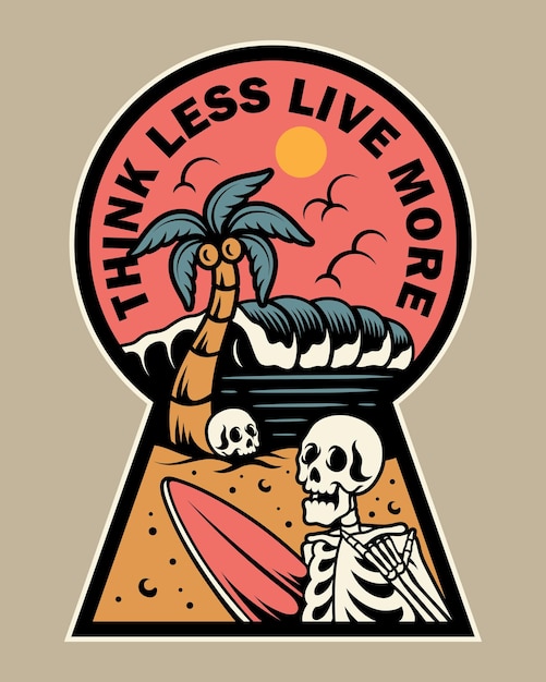 Vector illustration skull carrying surfboard