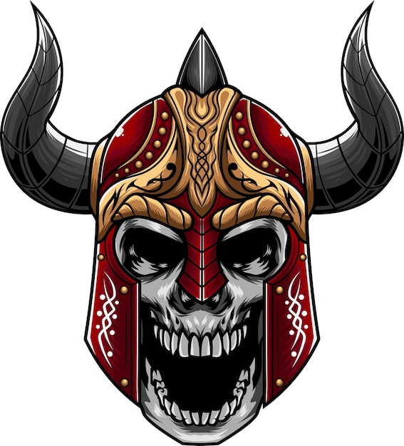 Vector illustration of skull wearing viking helmet in a vintage style