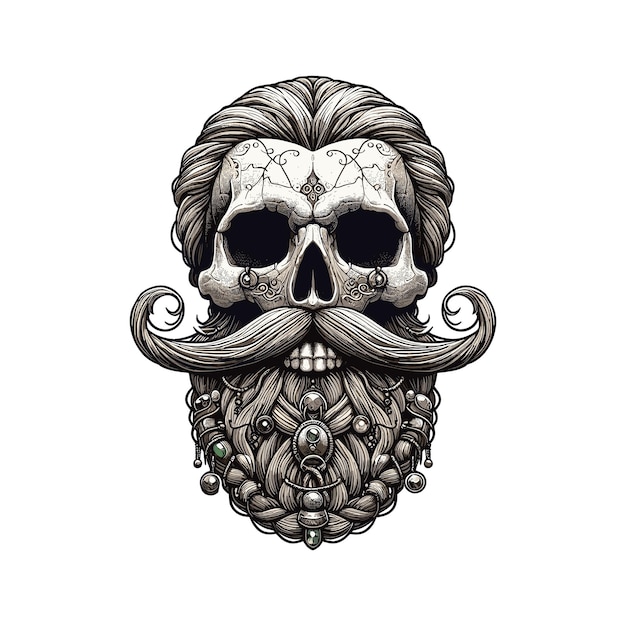 Vector a vector illustration of a skull with a neatly trimmed beard and a handlebar mustache