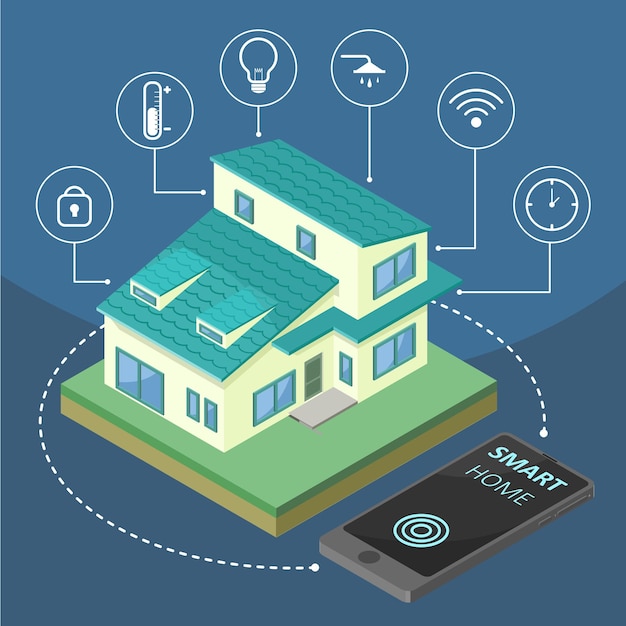 Vector vector illustration of smart home infographic with smartphone and its icons and blue background