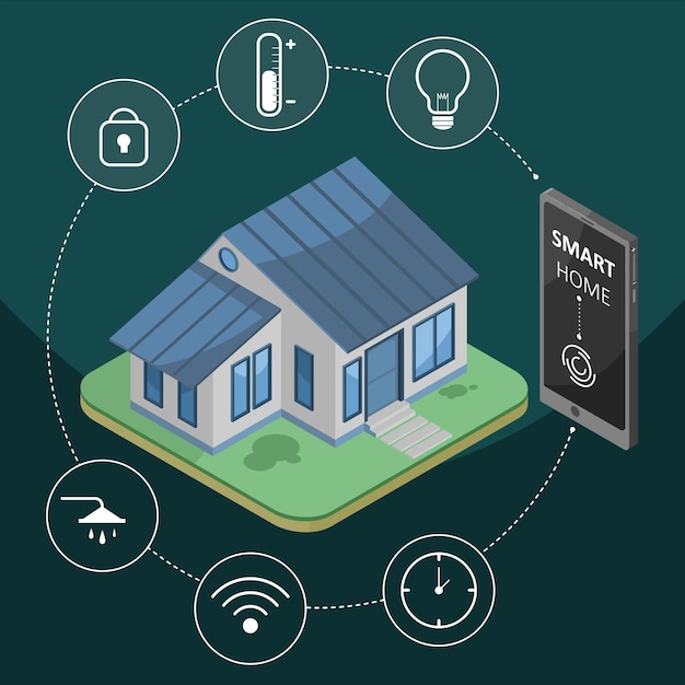 Vector vector illustration of smart home infographic with smartphone and its icons and green background