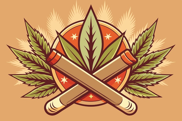 Vector a vector illustration of a smoking joint with marijuana leaf motifs depicted in a retro or vintage