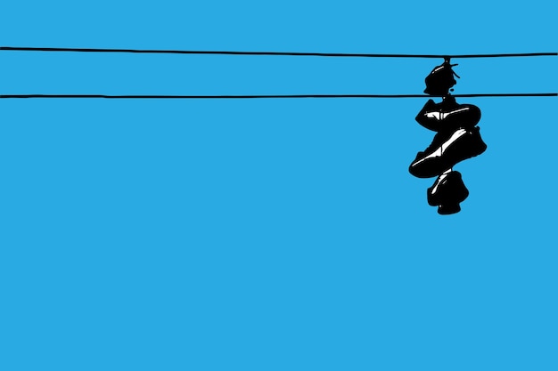 Vector illustration of sneakers hanging on wires against a clear blue sky