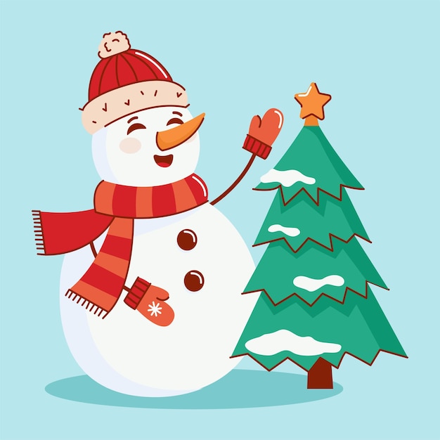 Vector illustration of a snowman with a Christmas tree The concept of New Year and Christmas