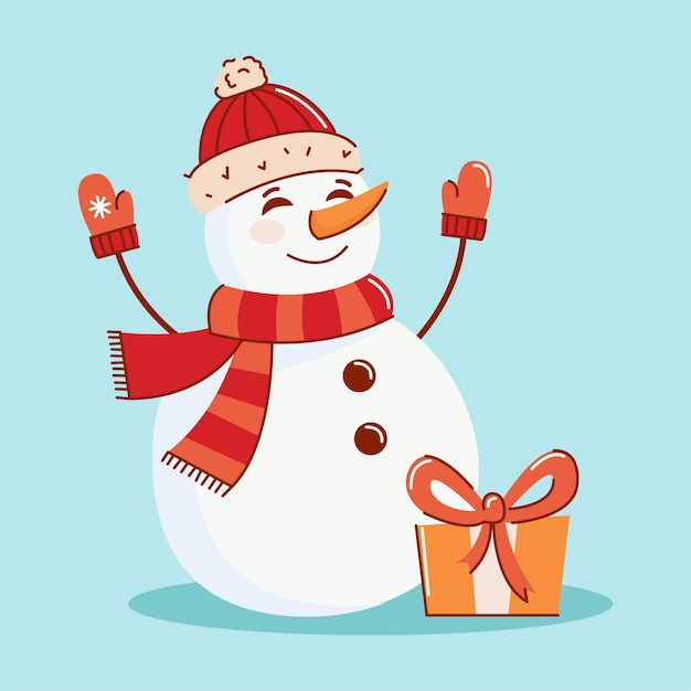 Vector illustration of a snowman with a gift waving his hand in a mitten The concept of Christmas