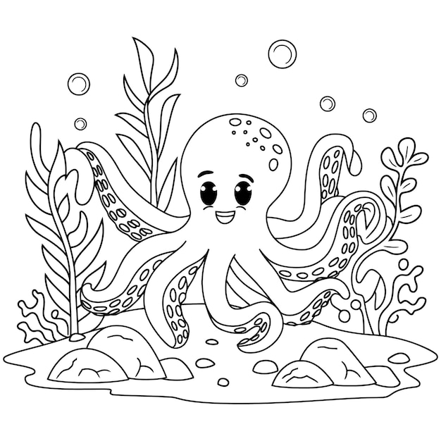 Vector illustration of squid isolated on white background For kids coloring book