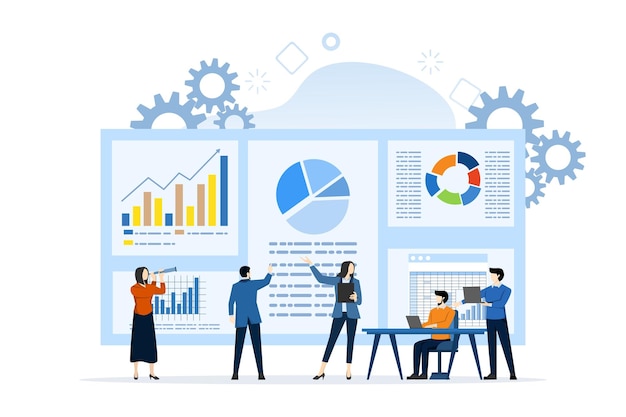 vector illustration of statistical chart analysis concept with office workers studying infographics