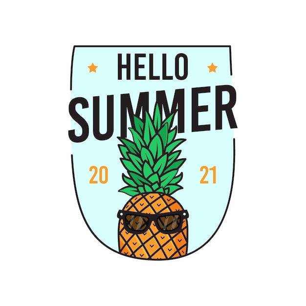 Vector illustration of sticker of pineapple in sunglasses with inscription Hello Summer 2021