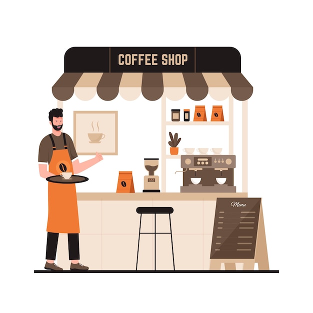 Vector illustration of street coffee shop with barista making coffee