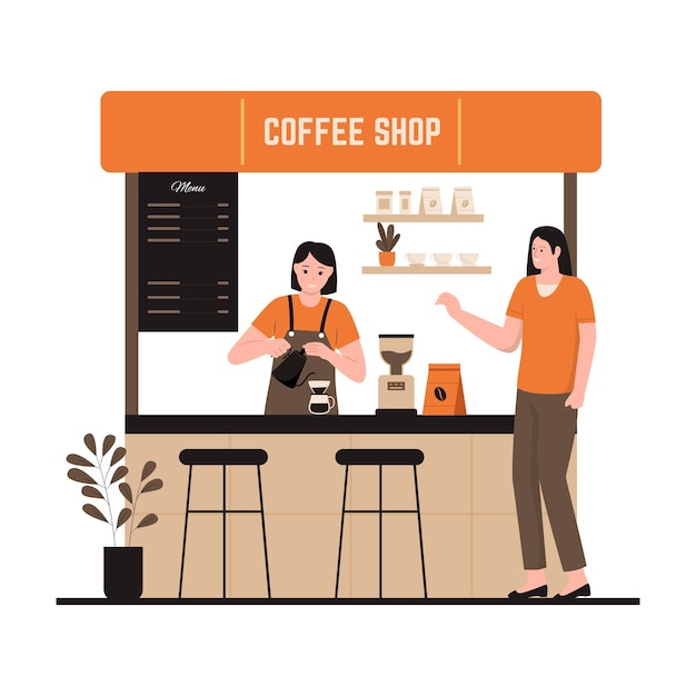 Vector illustration of street coffee shop with women barista making coffee