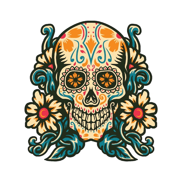 Vector illustration of sugar skull with flower border