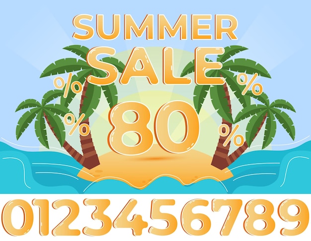 Vector illustration summer background, banner for summer sale with set of numbers