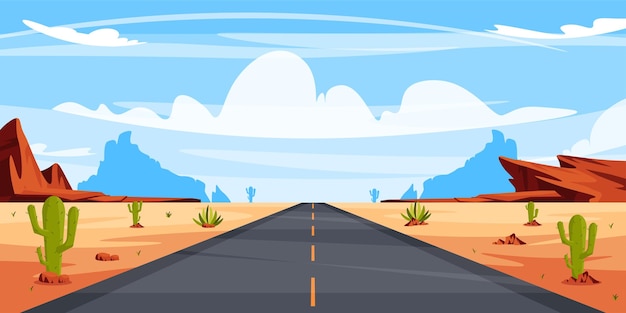 Vector illustration of a summer landscape with an asphalt road in the desert Cartoon landscape with an asphalt highway in the middle of the desert with mountains hills