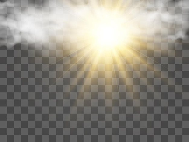 Vector illustration of the sun shining through the clouds. Sunlight. Cloudy vector.