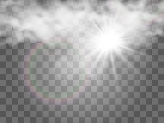 Vector illustration of the sun shining through the clouds. Sunlight. Cloudy vector.