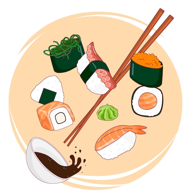 Vector illustration of sushi rolls set and chopsticks in motion against orange circle background