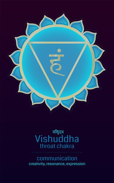 Vector vector illustration of symbol chakra vishuddha with description for meditation and yoga